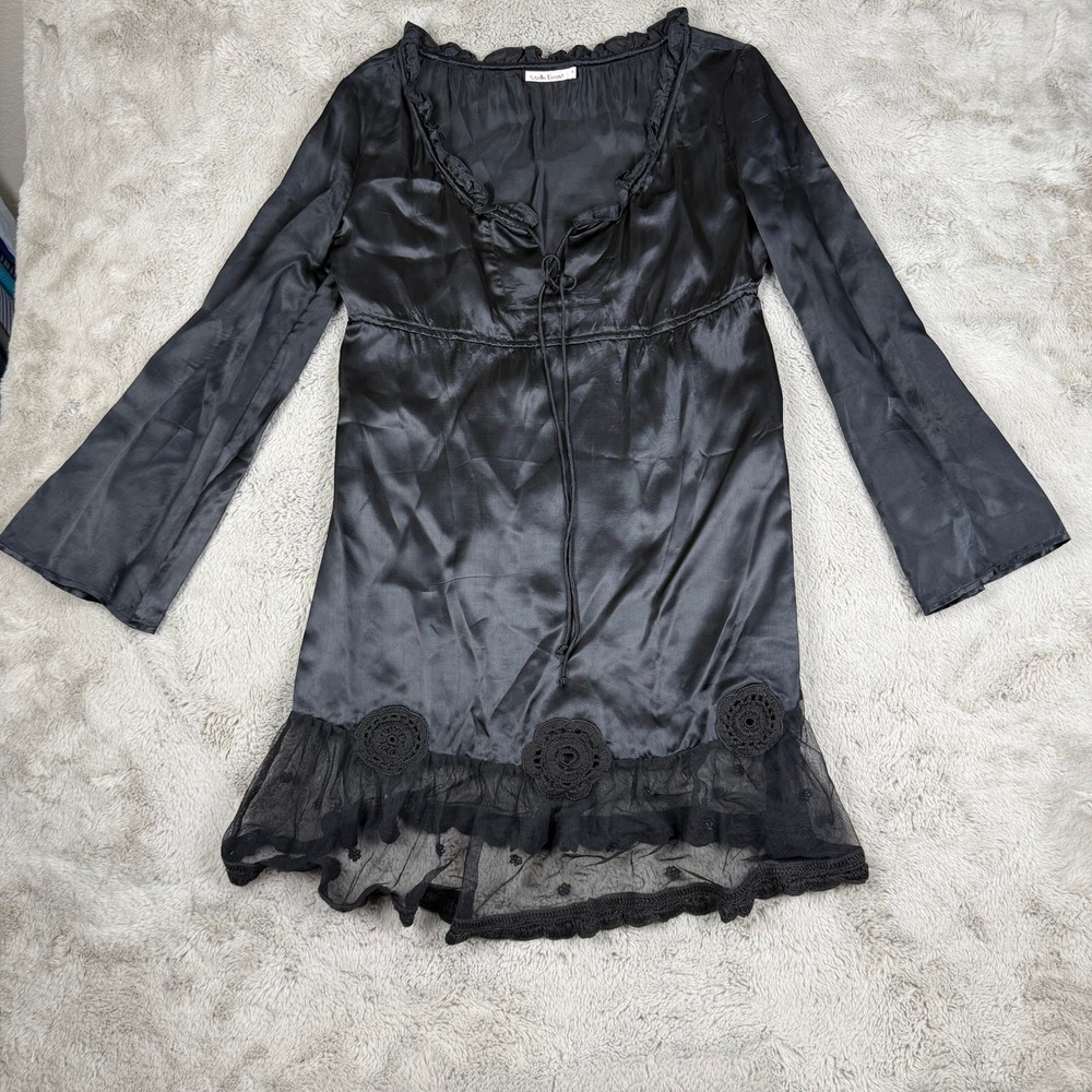 Stella Forest Mini Dress Crochet Trim Black Sz S Babydoll Whimsigoth Fairy Y2K